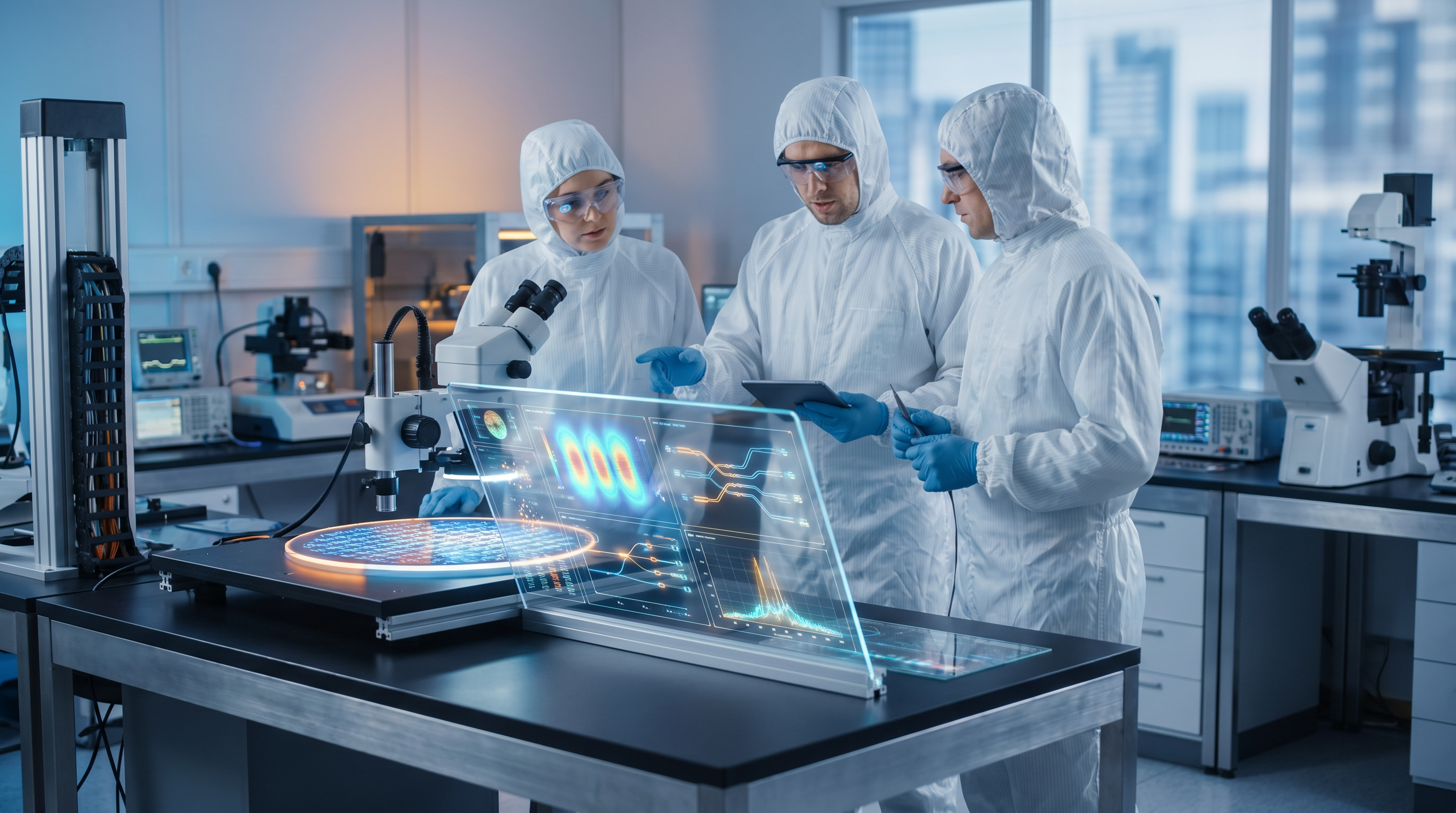 Scientists in white lab coats reviewing InP photonic chip design data in a clean semiconductor laboratory
